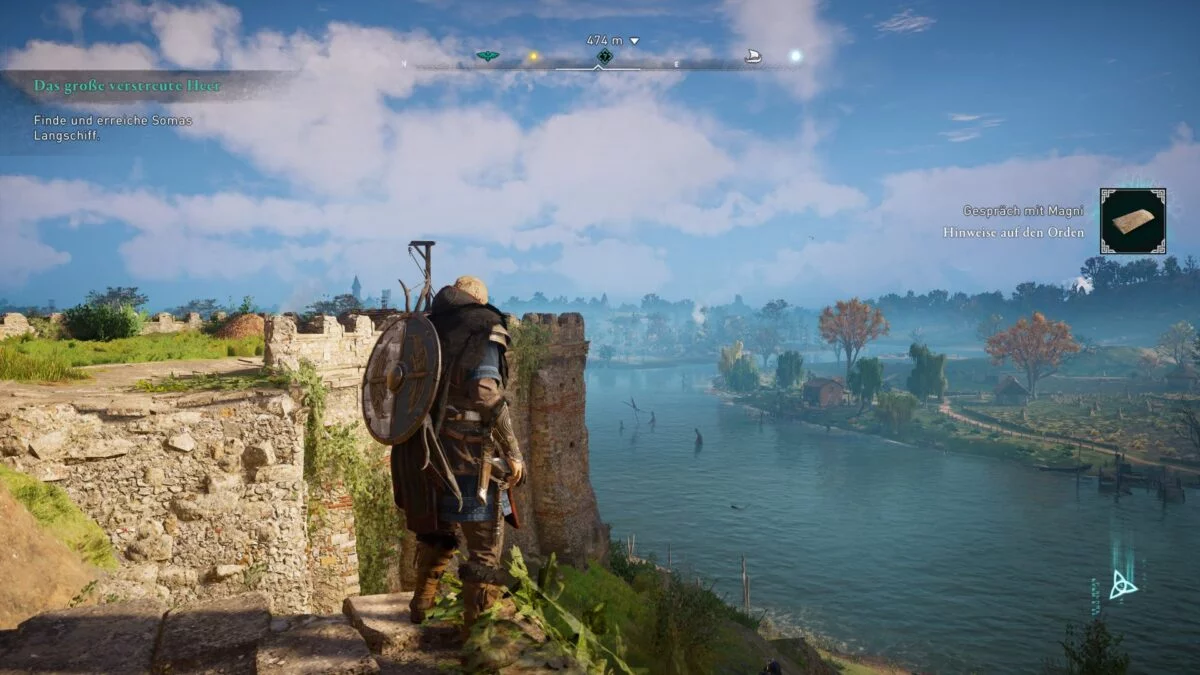 Eivor blickt auf einen Fluss in Grantabrycgscir in Assassin's Creed Valhalla.