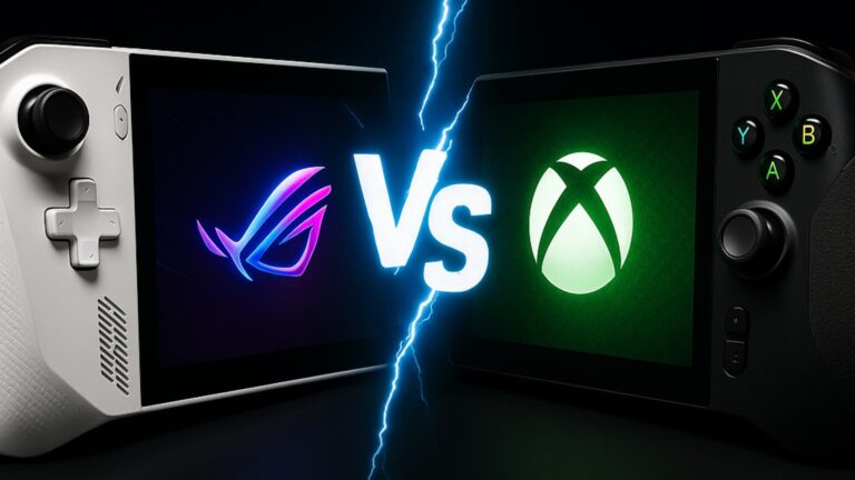 Two handheld gaming devices side by side, separated by a glowing blue lightning bolt with a large "VS" in the center.