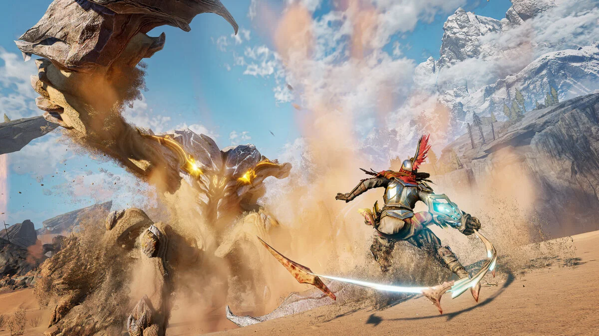 Ein Krieger in Atlas Fallen schwingt in einer Wüstenlandschaft seine magische Peitsche gegen einen monströsen Skorpion.