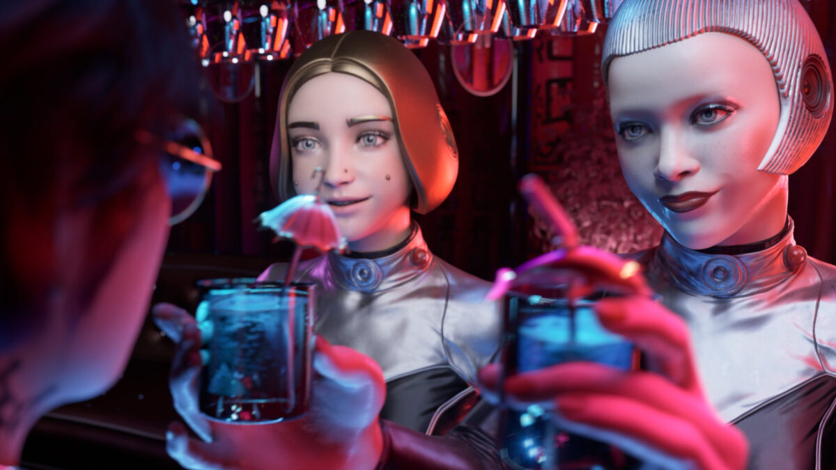 Zwei futuristisch aussehende Frauen, die Gläser mit Schirmchen drin in der Hand halten.