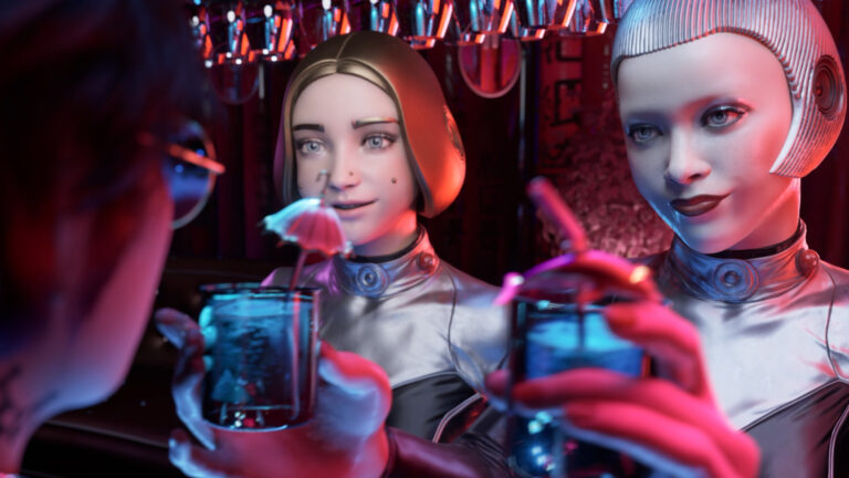 Zwei futuristisch aussehende Frauen, die Gläser mit Schirmchen drin in der Hand halten.