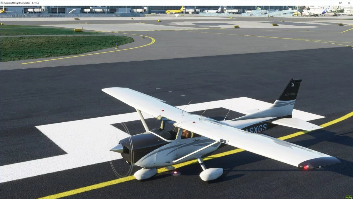 Außenansicht der Cessna 172 Skyhawk auf Runway 24C des Frankfurter Flughafens im Flight Simualtor 2020