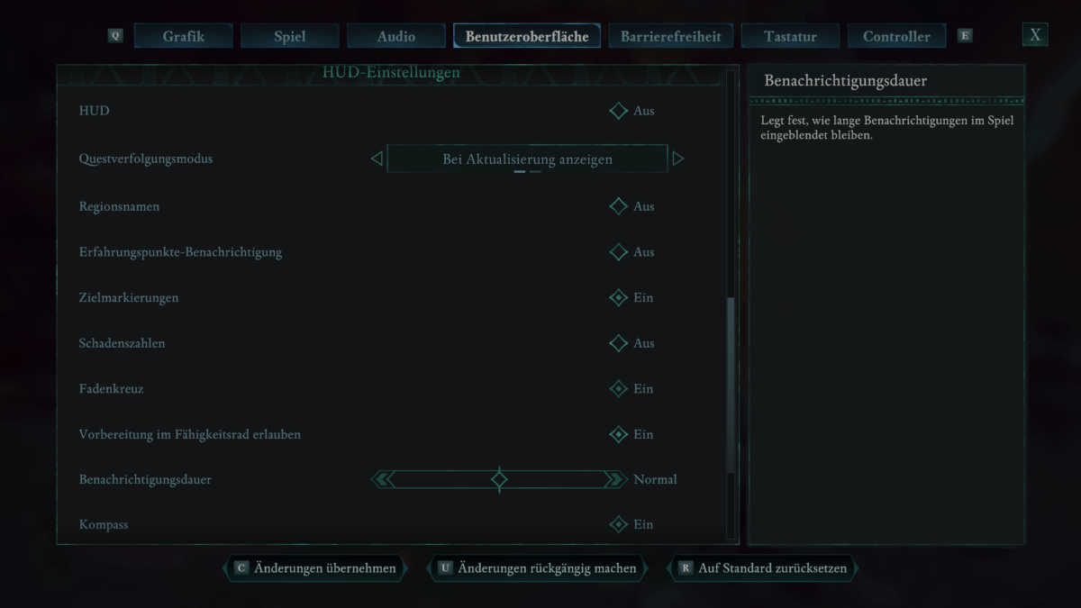 Ein Einstellungsmenü des Rollenspiels Avowed zeigt Optionen zur Benutzeroberfläche.