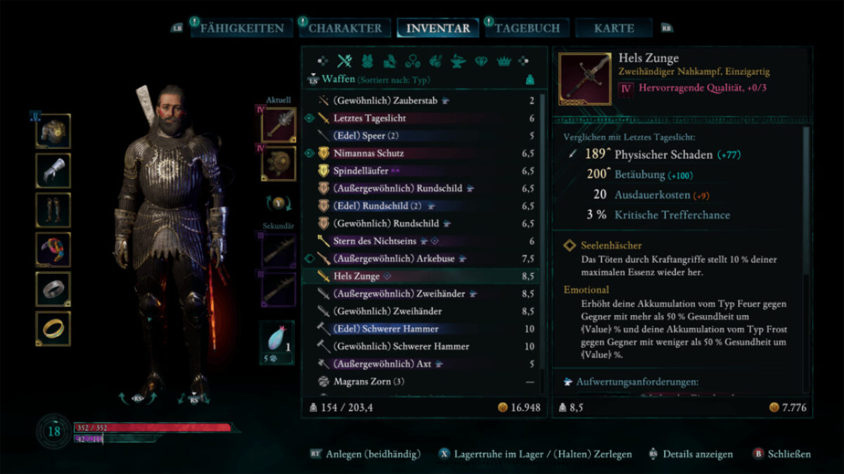 An inventory menu in Avowed shows a unique weapon called “Hel’s Tongue.”