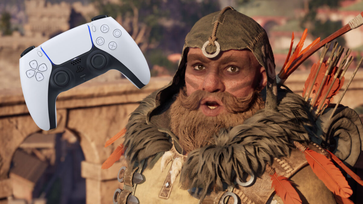 Avowed: Fantasy-Charakter mit Bogen und Pfeilen im Close-up, daneben ein PlayStation-5-DualSense-Controller – Rollenspiel von Obsidian auf PS5.