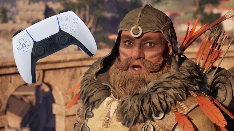 Avowed: Fantasy-Charakter mit Bogen und Pfeilen im Close-up, daneben ein PlayStation-5-DualSense-Controller – Rollenspiel von Obsidian auf PS5.