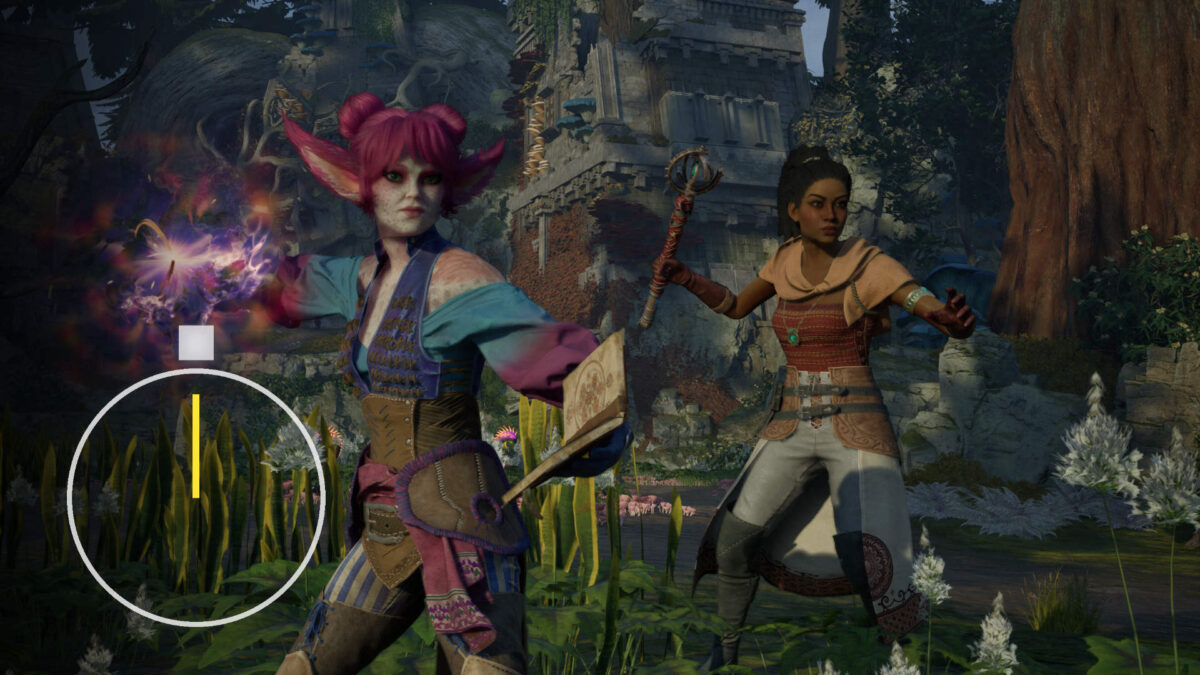 Two characters from Avowed poised for combat.