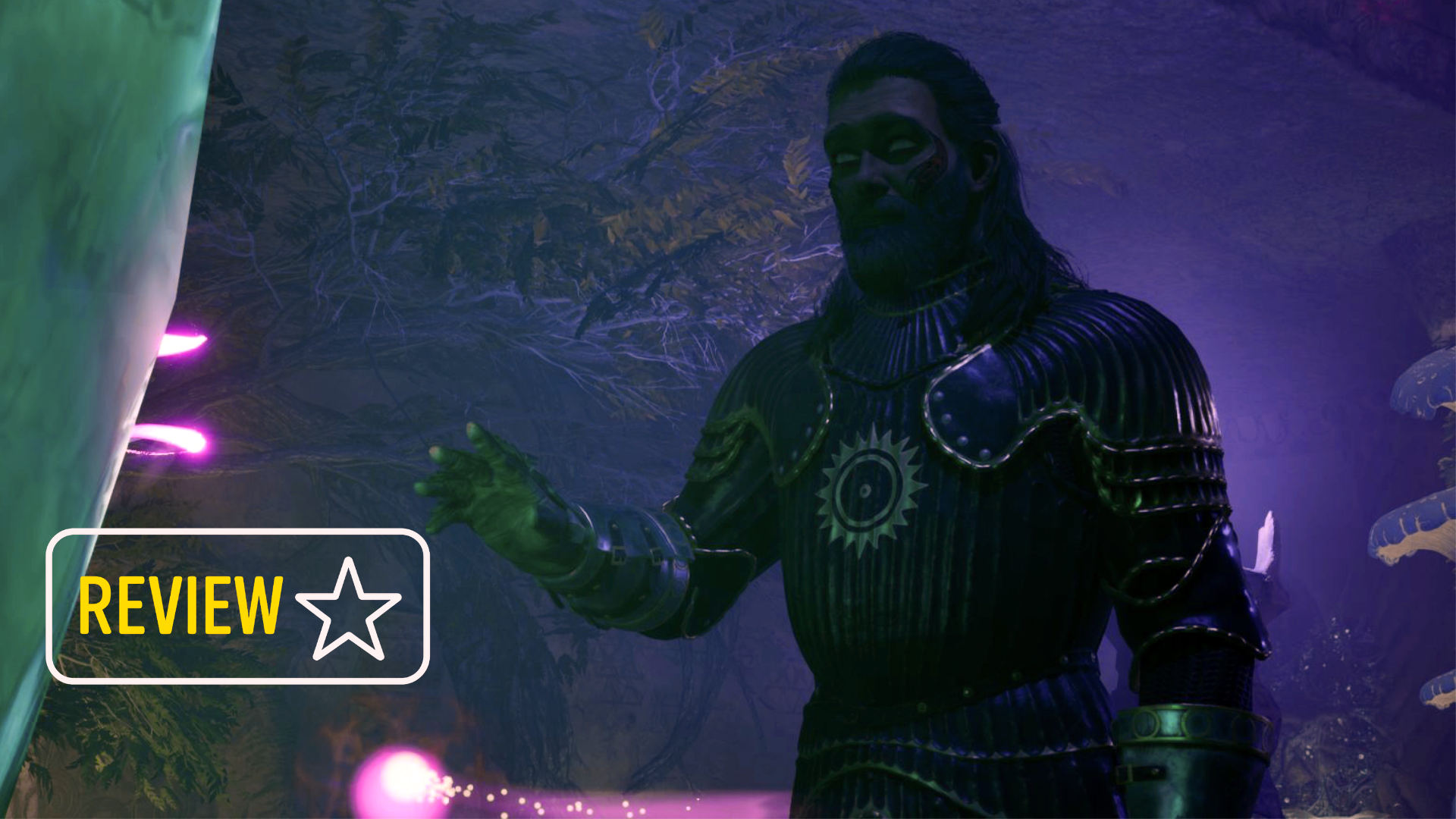 Magier mit Rüstung wirkt grüne Magie in düsterer Fantasy-Welt – Spielszenen aus Avowed im Test-Review mit mystischer Atmosphäre.