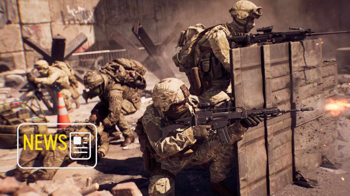 Mehrere Soldaten in Tarnausrüstung und Waffen hinter Barrikaden.