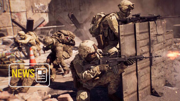 Mehrere Soldaten in Tarnausrüstung und Waffen hinter Barrikaden.