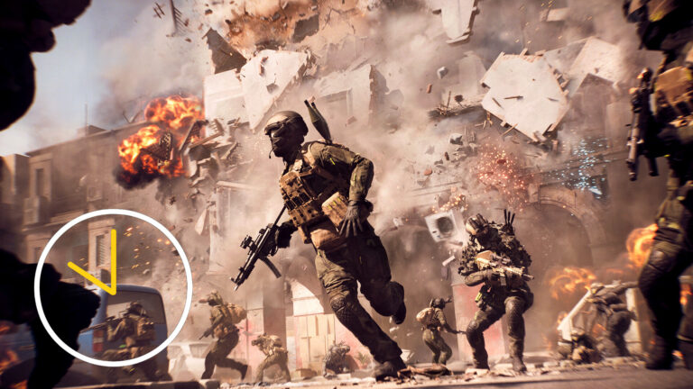 A war scene from Battlefield 6 shows soldiers in combat. In the background: a rocky desert landscape with explosions.