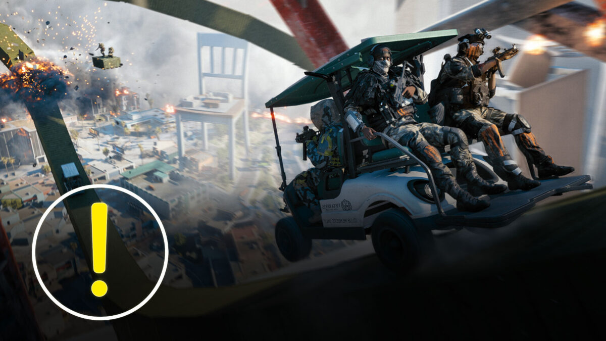 Battlefield 6 Redsec: Drei Soldaten auf einem Golfcart rasen über eine schmale Rampe hoch über der Stadt; Explosionen, Rauchwolken und überdimensionale Objekte im Hintergrund, links ein gelbes Ausrufezeichen.
