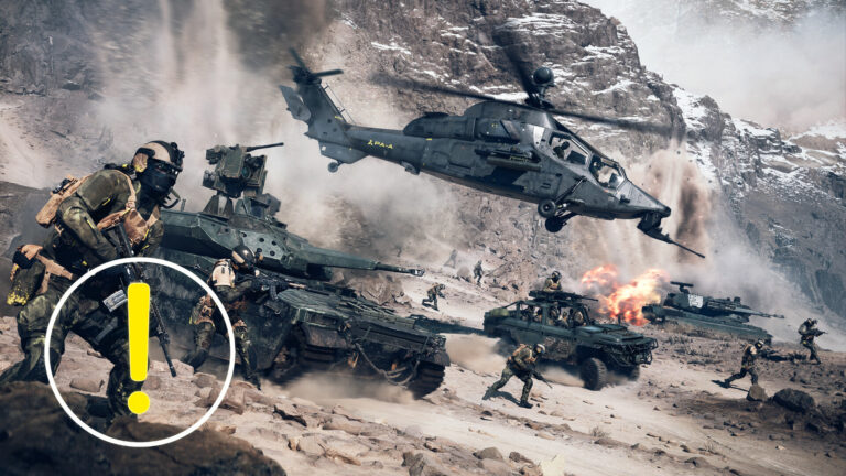 A war scene from Battlefield 6 shows ground troops, tanks, and attack helicopters advancing together across a rocky desert landscape.