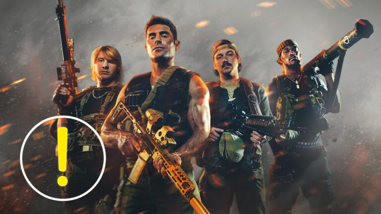 Four male mercenaries stand in a row, armed and ready.