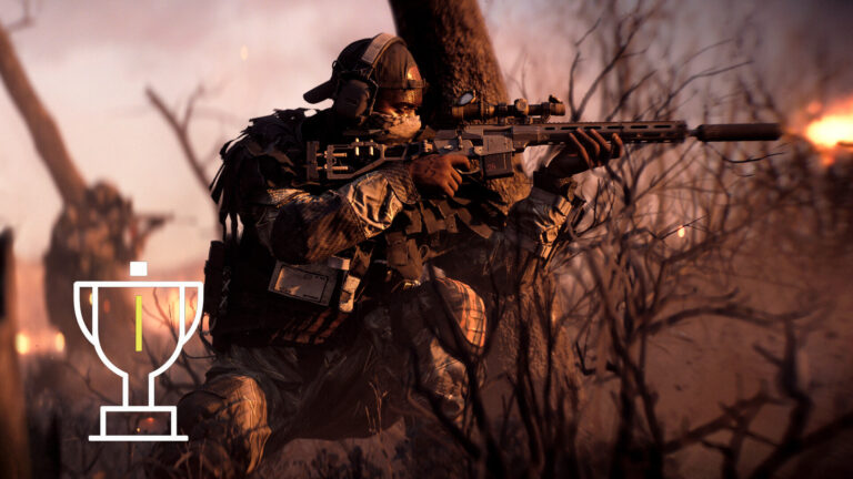 A man in camouflage gear crouches behind a bush and aims a weapon.