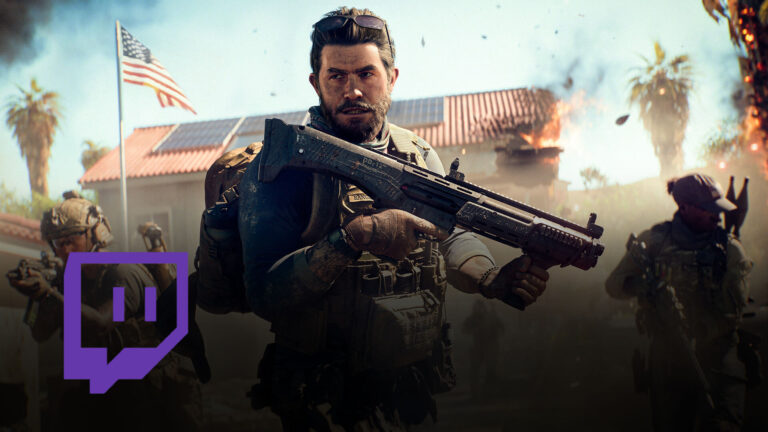 Soldat mit Schrotflinte im Gefecht, brennende Häuser und US-Flagge im Hintergrund, dazu Twitch-Logo für Shooter-Event oder Livestream-Drops.