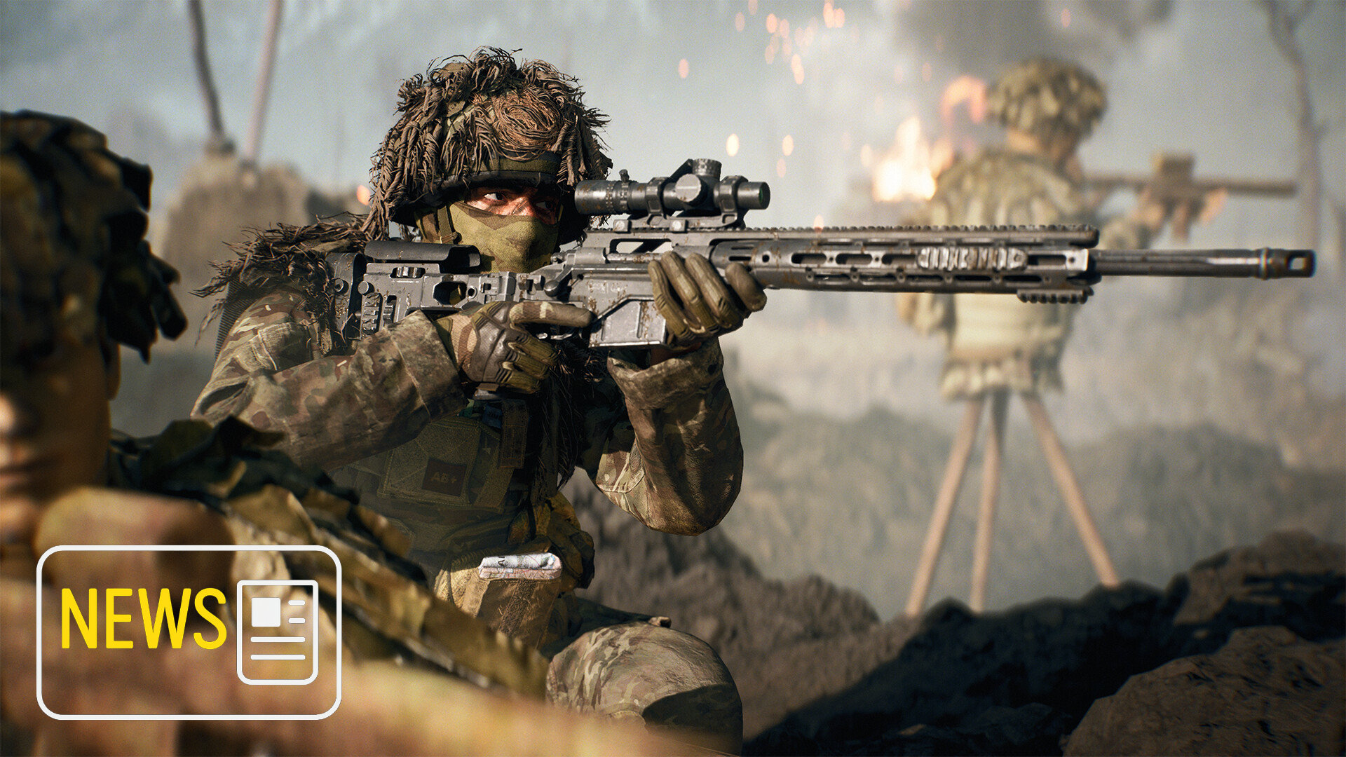 A Soldier in camouflage gear aims down his weapon.