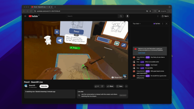 A YouTube livestream shows a mixed reality app in which someone is drawing with a pencil, guided by virtual objects.