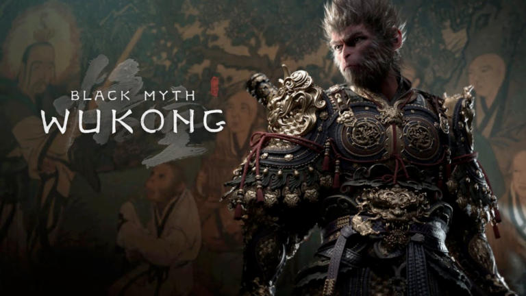 Der Affenkönig Sun Wukong steht vor einem chinesischen Gemälde.