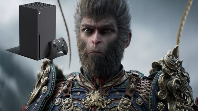 Ein Fabelwesen, ein Affe in Menschengestalt, mit einer verzierten Rüstung und strengem Blick. Daneben eine Xbox Series X-Konsole mit Controller.