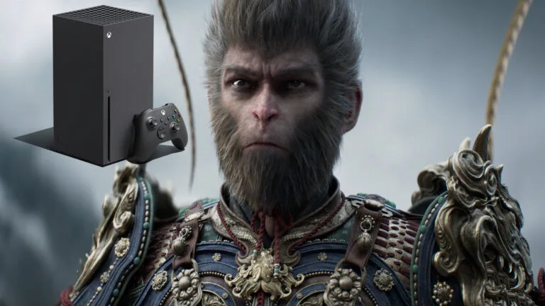 Ein Fabelwesen, ein Affe in Menschengestalt, mit einer verzierten Rüstung und strengem Blick. Daneben eine Xbox Series X-Konsole mit Controller.