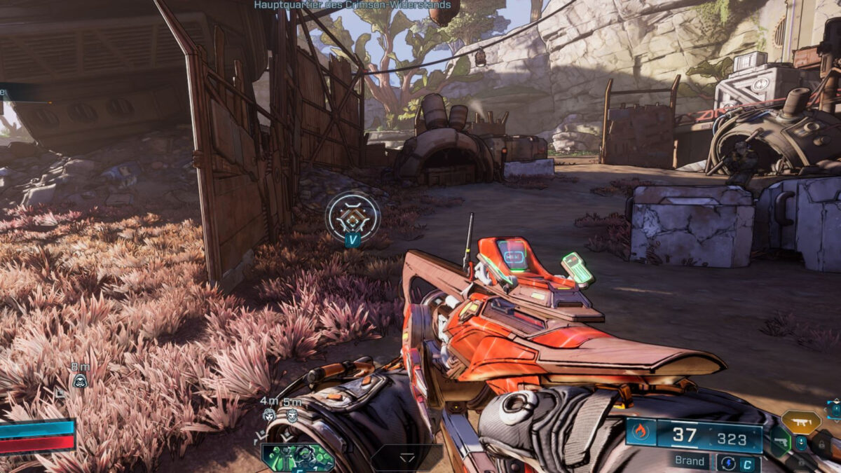 A weapon aiming at a nearby object.