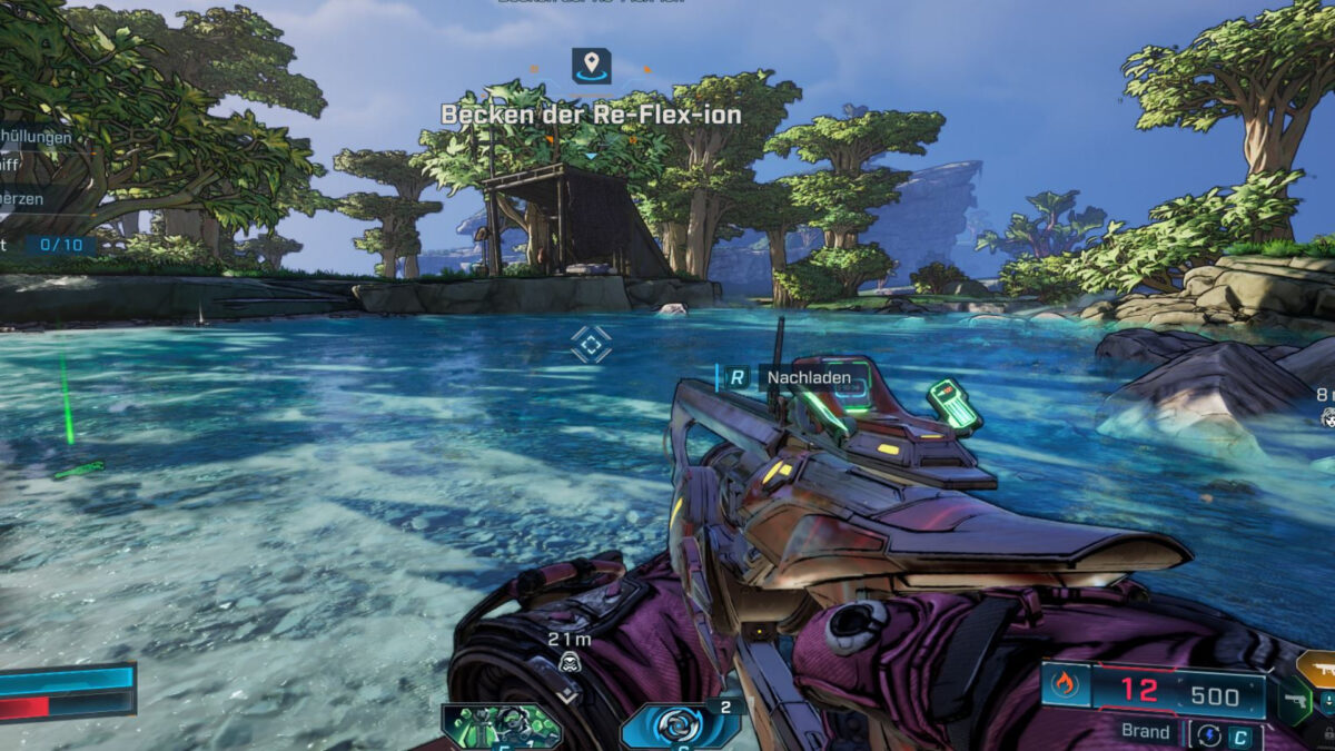 Harlowe stands in the water aiming a large weapon at something.