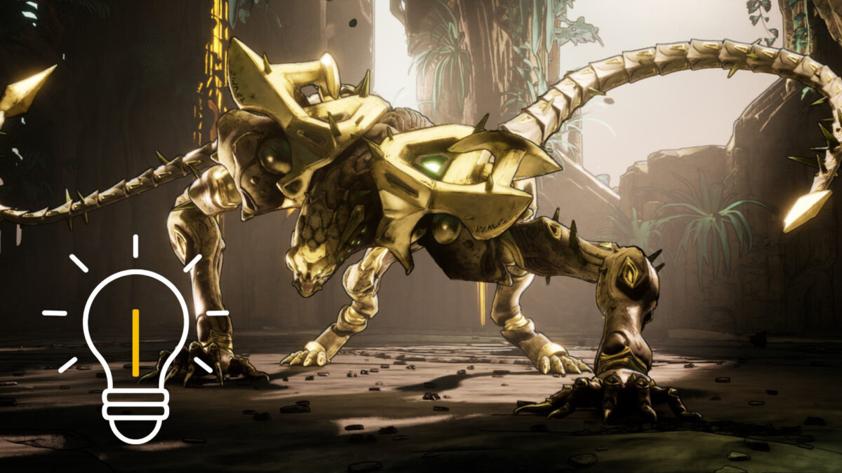 A golden monster resembling a scorpion with long legs.