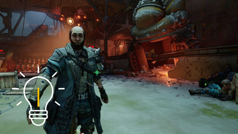 A man stands in a large hall in front of you, staring directly at you.