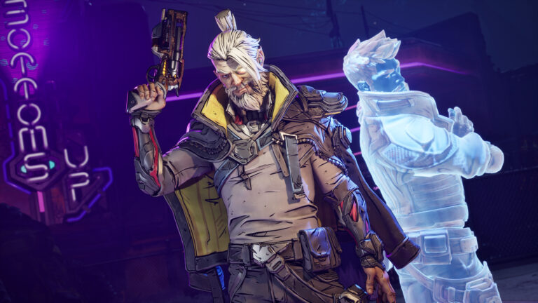 A man wearing a cloak, holding a pistol with a hologram next to him.
