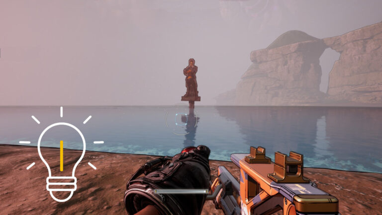 Ein Pappaufsteller von Handsome Jack ragt aus dem Wasser.