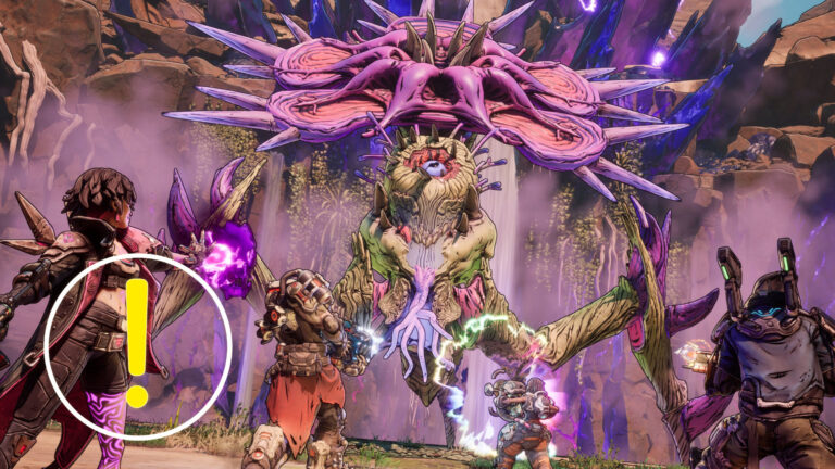 Four Vault Hunters stand before a massive end boss.