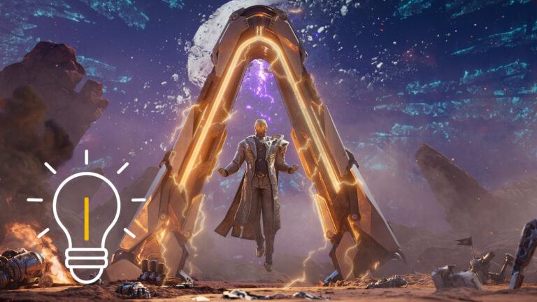 A man with glowing eyes stands beneath a triangular gate, floating in mid-air.