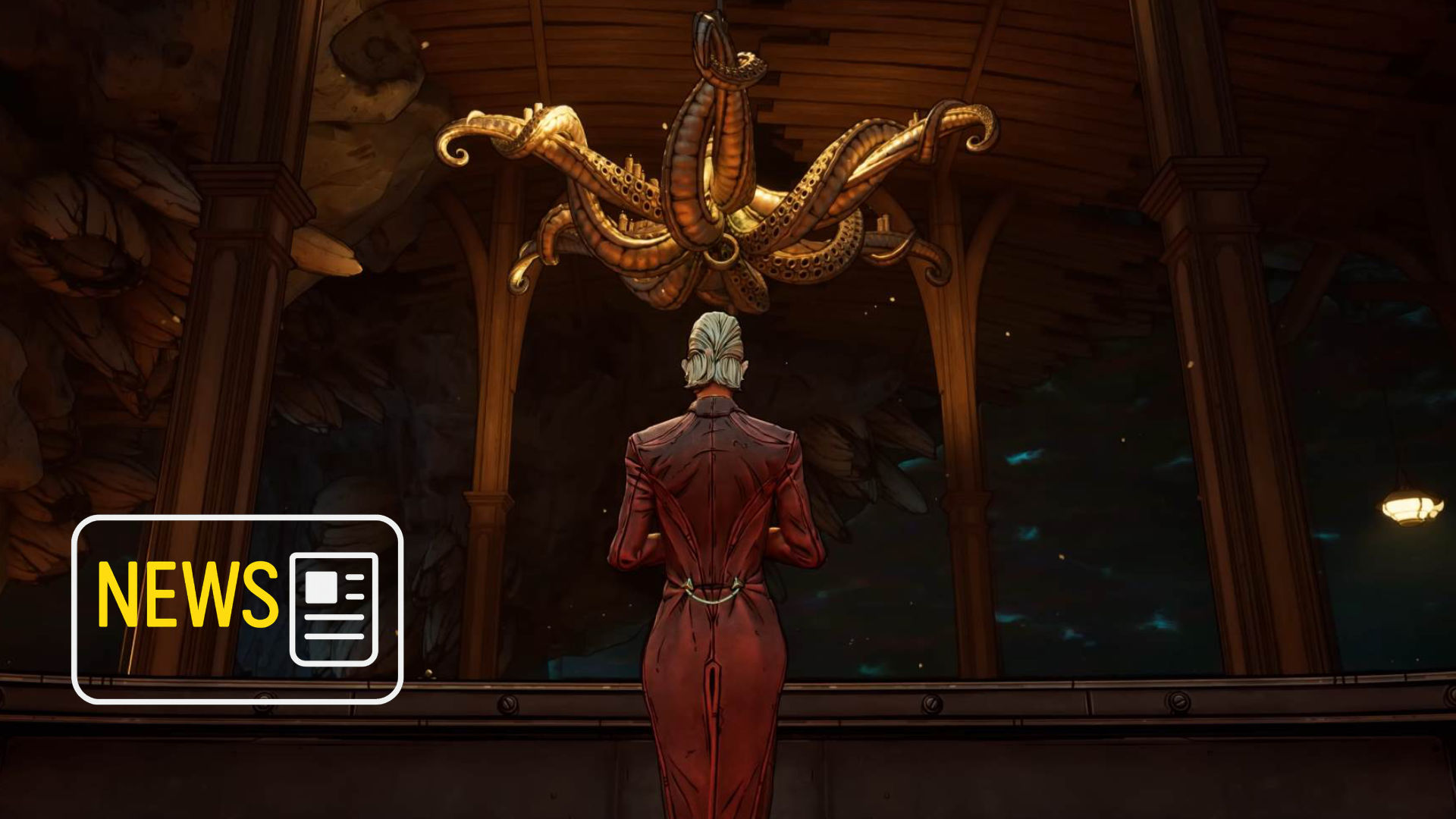 A woman stands in front of a window, above it