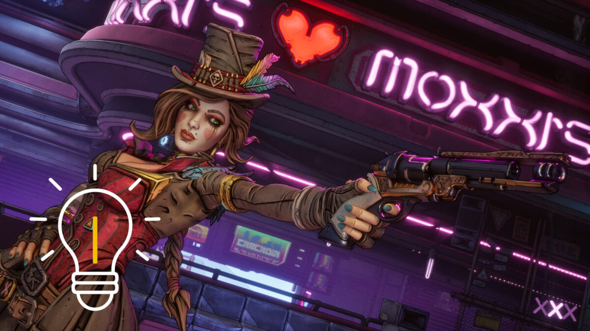 Moxxi von Borderlands 4 zielt mit einer Waffe in eine Richtung.