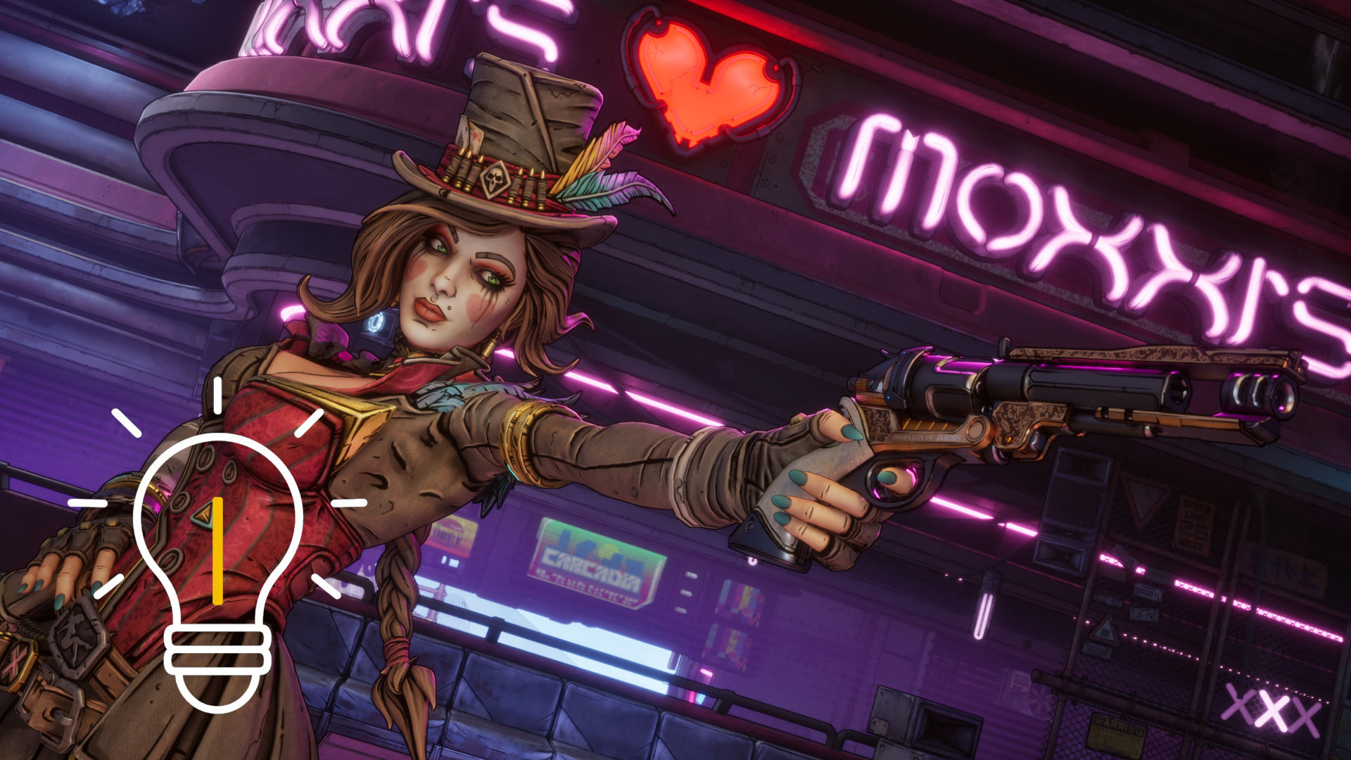 Moxxi from Borderlands 4 aims a weapon in one direction.