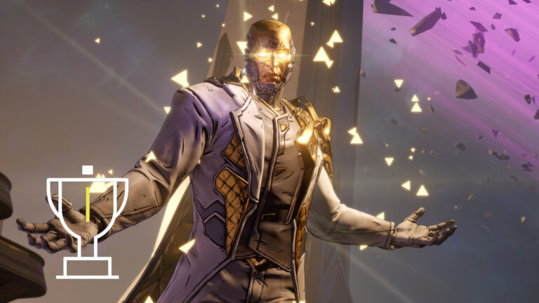 A man in a suit with glowing golden eyes stretches his arms out to the sides.