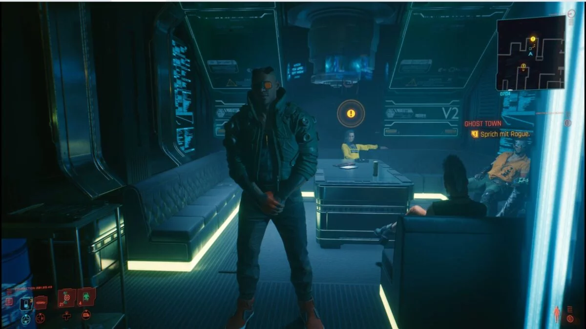 Rogue und ihr Bodyguard Weyland im Afterlife in Cyberpunk 2077.