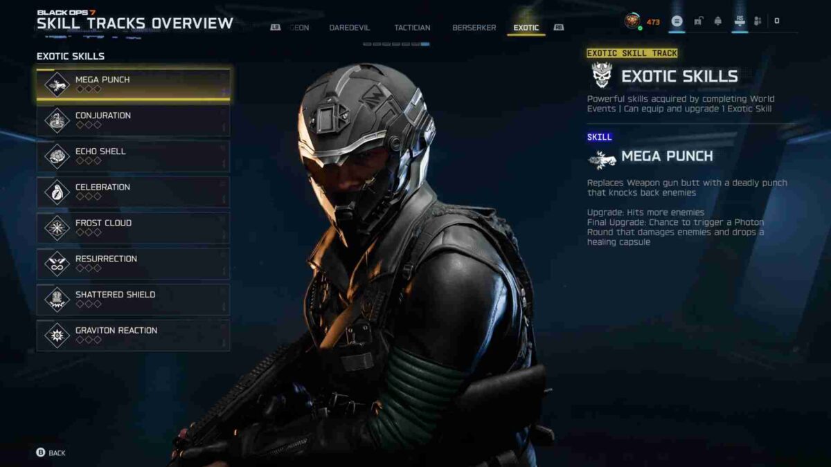 Ein Menü, mittig davon ein Soldat mit Helm und Waffe.