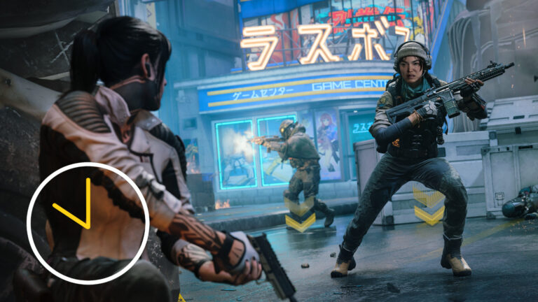 A woman with a weapon takes cover while another armed woman stands in her line of sight.