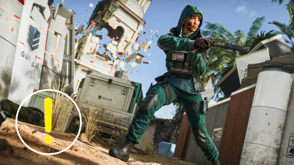 A woman in green camouflage and armed with a weapon, standing in front of a collapsing tower.