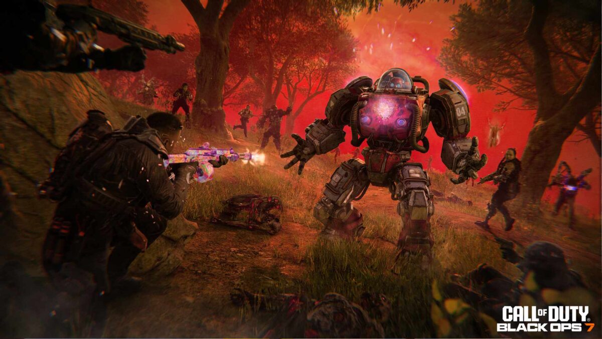 Ein Mann mit Waffe schießt auf jemanden in einem gepanzerten Anzug.