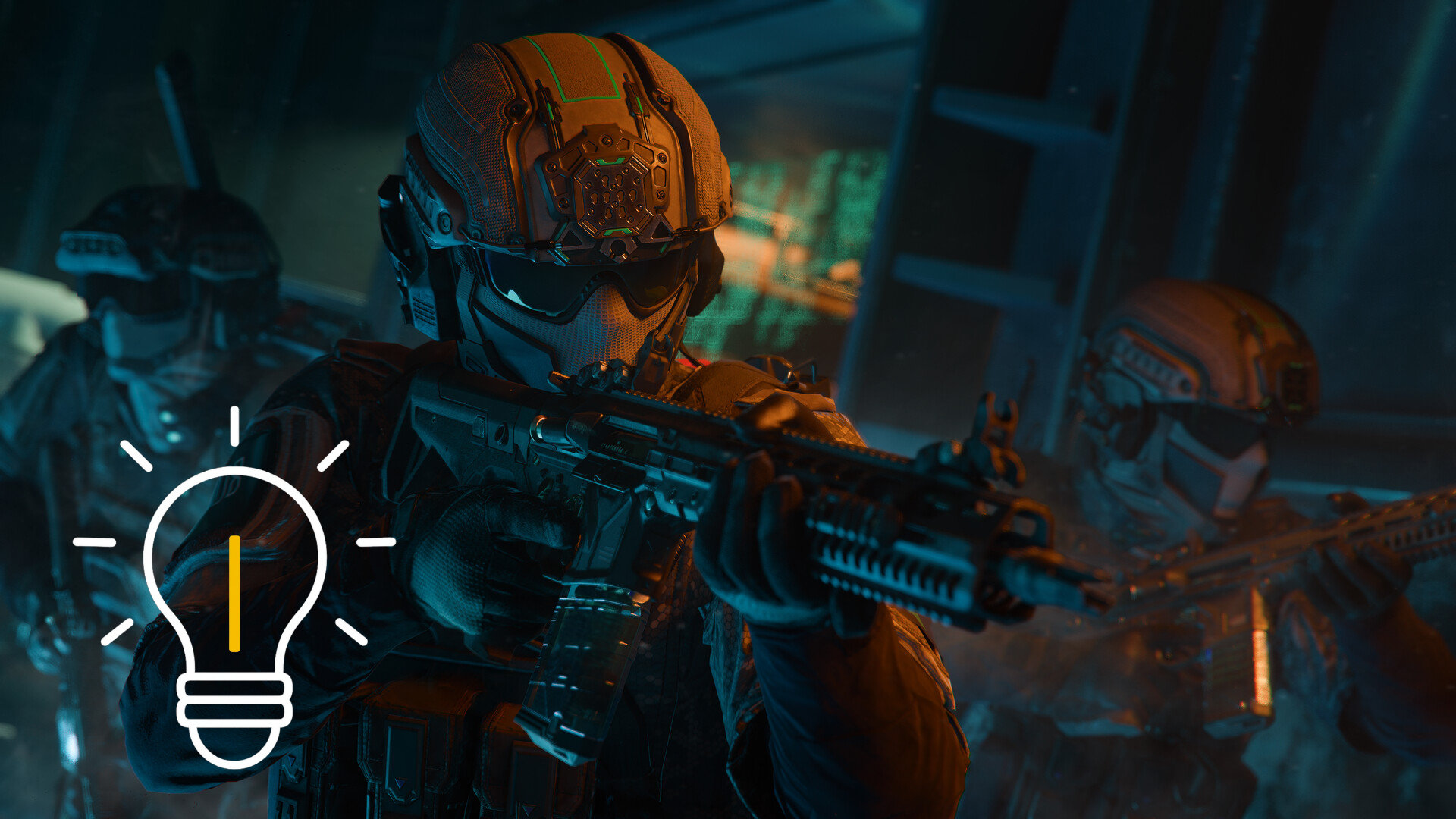 A man in full gear with an assault rifle.