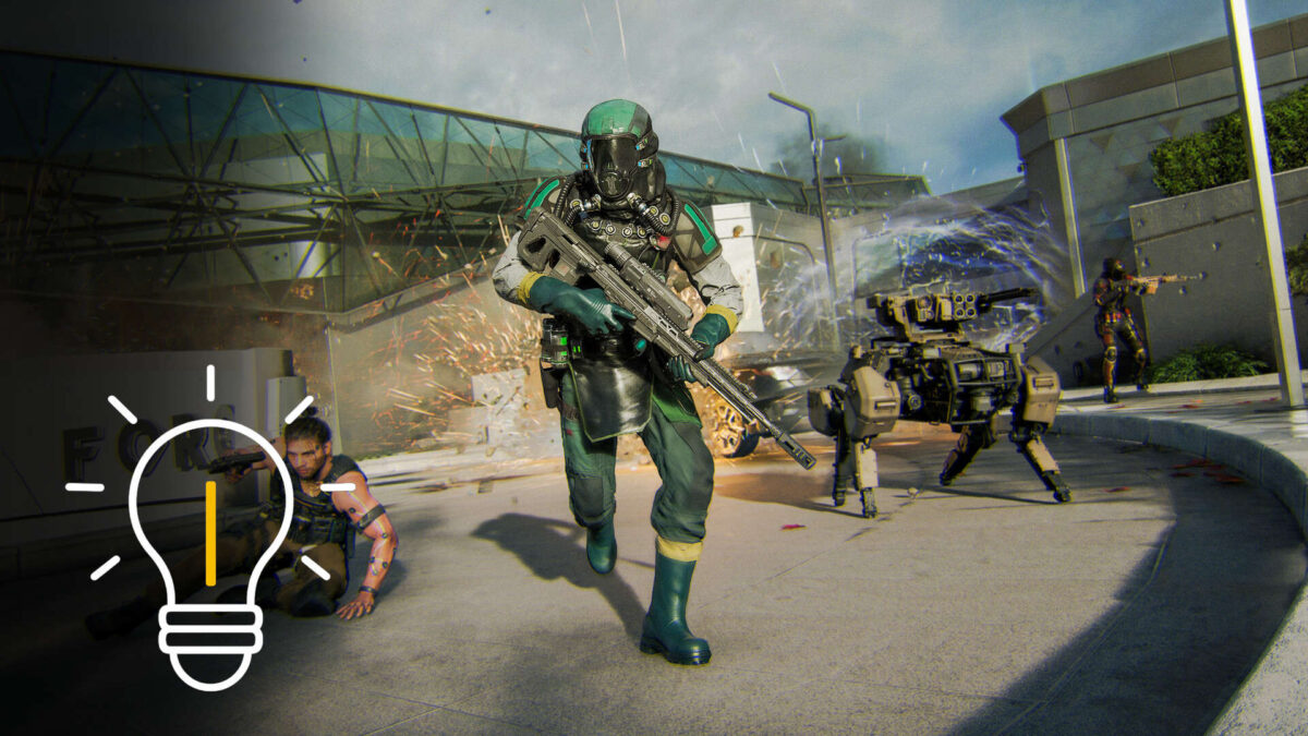 Call of Duty Black Ops 7: Elite-Soldat mit Sturmgewehr stürmt futurales Areal, Explosionen und Kampfroboter im intensiven Gefecht.