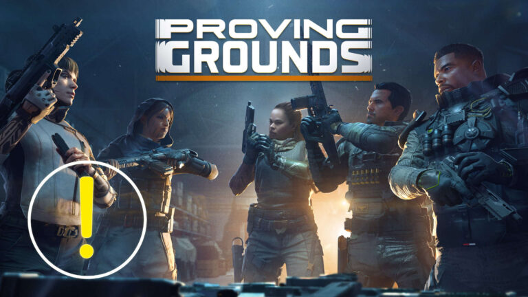 „Promo-Artwork zu Proving Grounds mit fünf schwer bewaffneten, futuristisch ausgerüsteten Soldaten, die im Halbkreis stehen und ihre Waffen nach vorne richten; dramatische Beleuchtung, industrielle Umgebung im Hintergrund.“