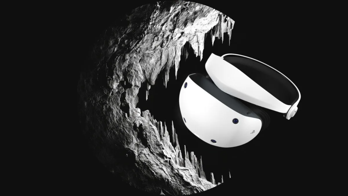 Eine VR-Brille scheint von einem Felsen gefressen zu werden.