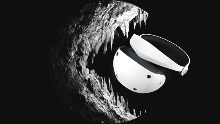Eine VR-Brille scheint von einem Felsen gefressen zu werden.