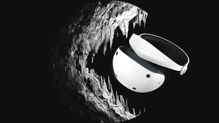 Eine VR-Brille scheint von einem Felsen gefressen zu werden.