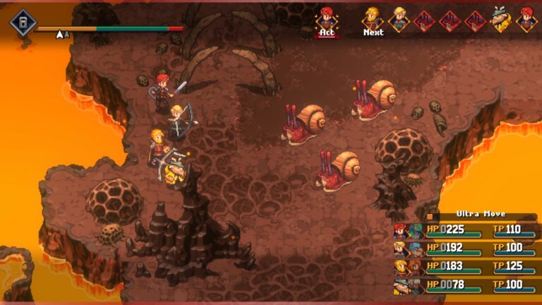 Eine Szene aus einem JRPG im Pixelstil zeigt, wie eine Gruppe Krieger auf einem Felsen umringt von Lava gegen Riesenschnecken kämpfen.