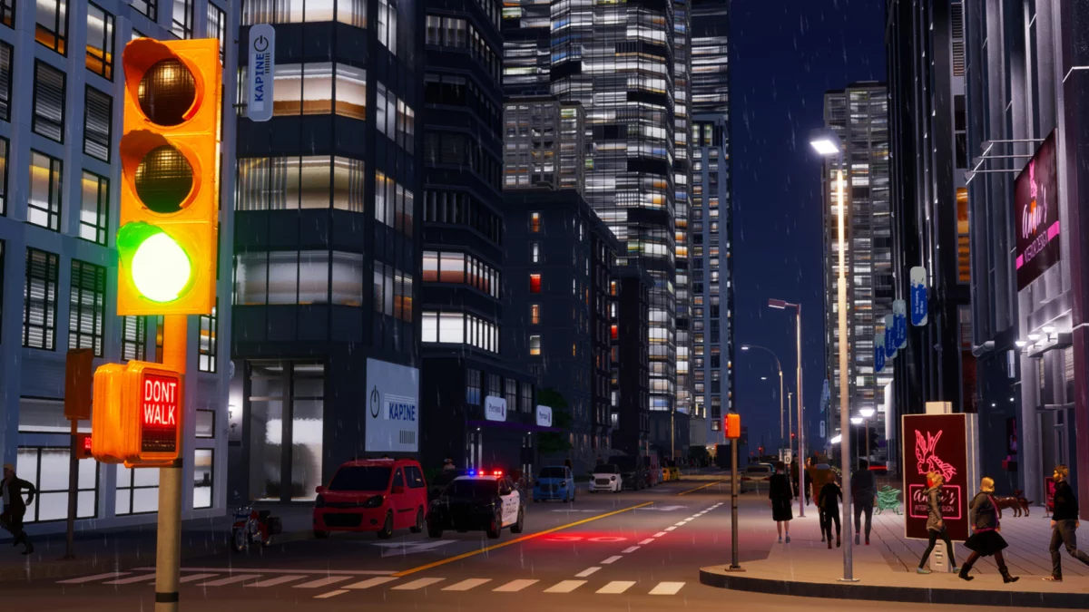 Ein Screenshot aus dem PC-Spiel Cites: Skylines 2 zeigt eine belebte Großstadt bei Nacht.